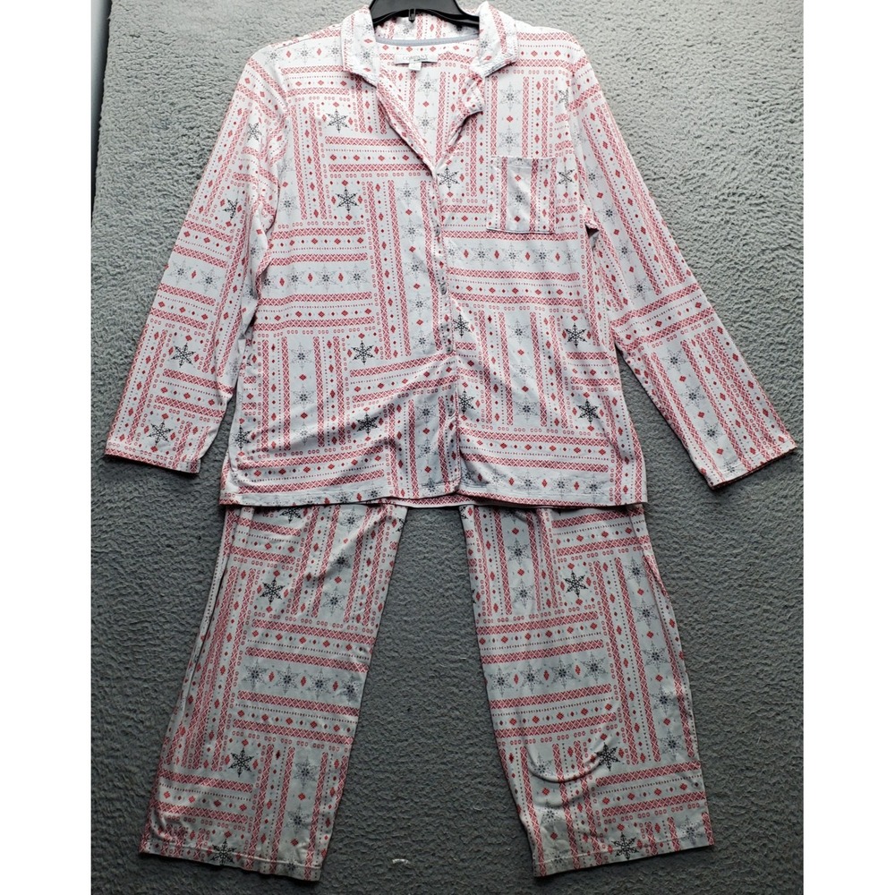 Ellen Tracy Pajama‎ Set Womens Large Multi Snow Flag Print Winter Button Front